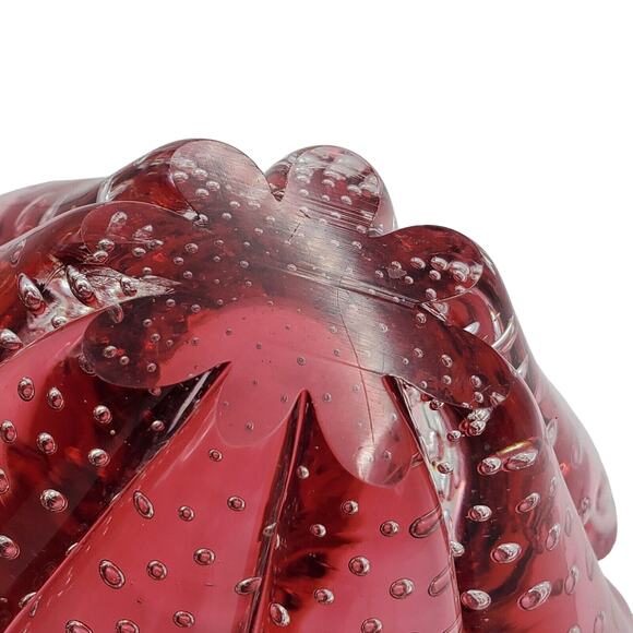 Small Murano Cranberry Art Glass Bowl Controlled Bubble Handle Dish Vintage Red - Picture 15 of 15